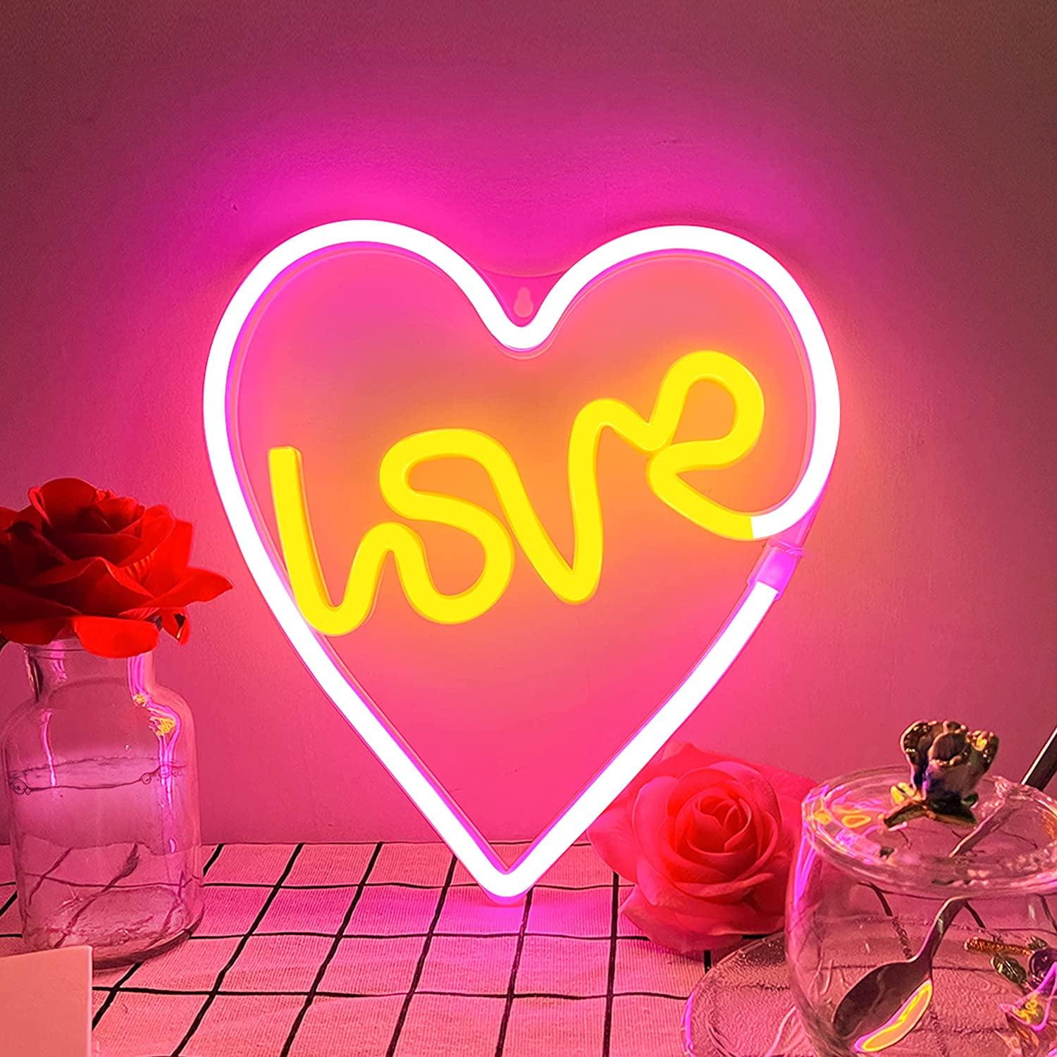 Neon Signs for Wall Decor Love and Heart Pink Neon Lights Signs Powered by USB/Batteries, Acrylic Neon Lights for Girls Kids Bedroom, Wedding, Bar, Christmas Gift, Decoration