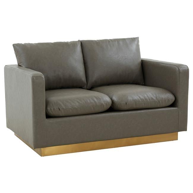 LeisureMod Nervo Mid-Century Modern Upholstered Faux Leather Loveseat with Gold Frame