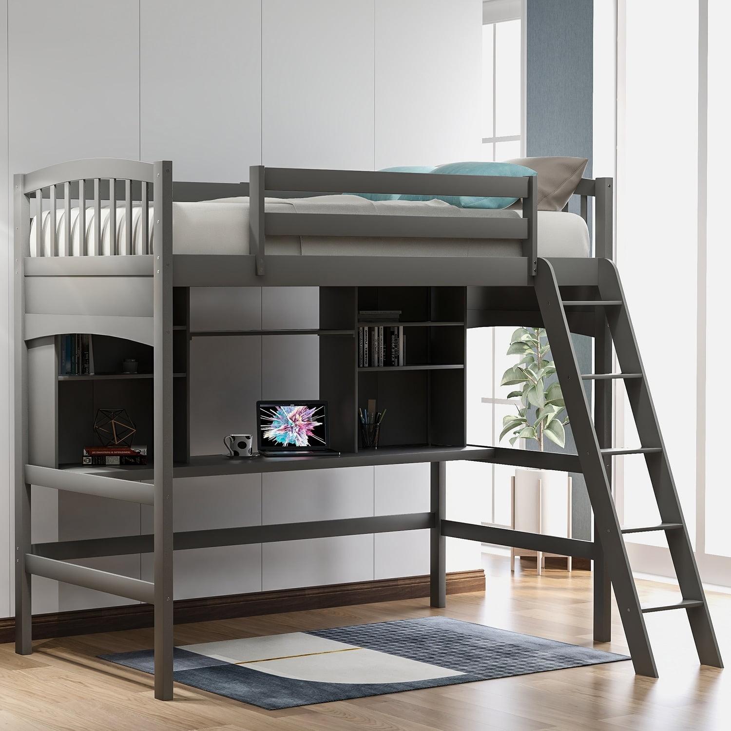 Nestfair  Twin Size Loft Bed with Storage Shelves Desk and Ladder Grey