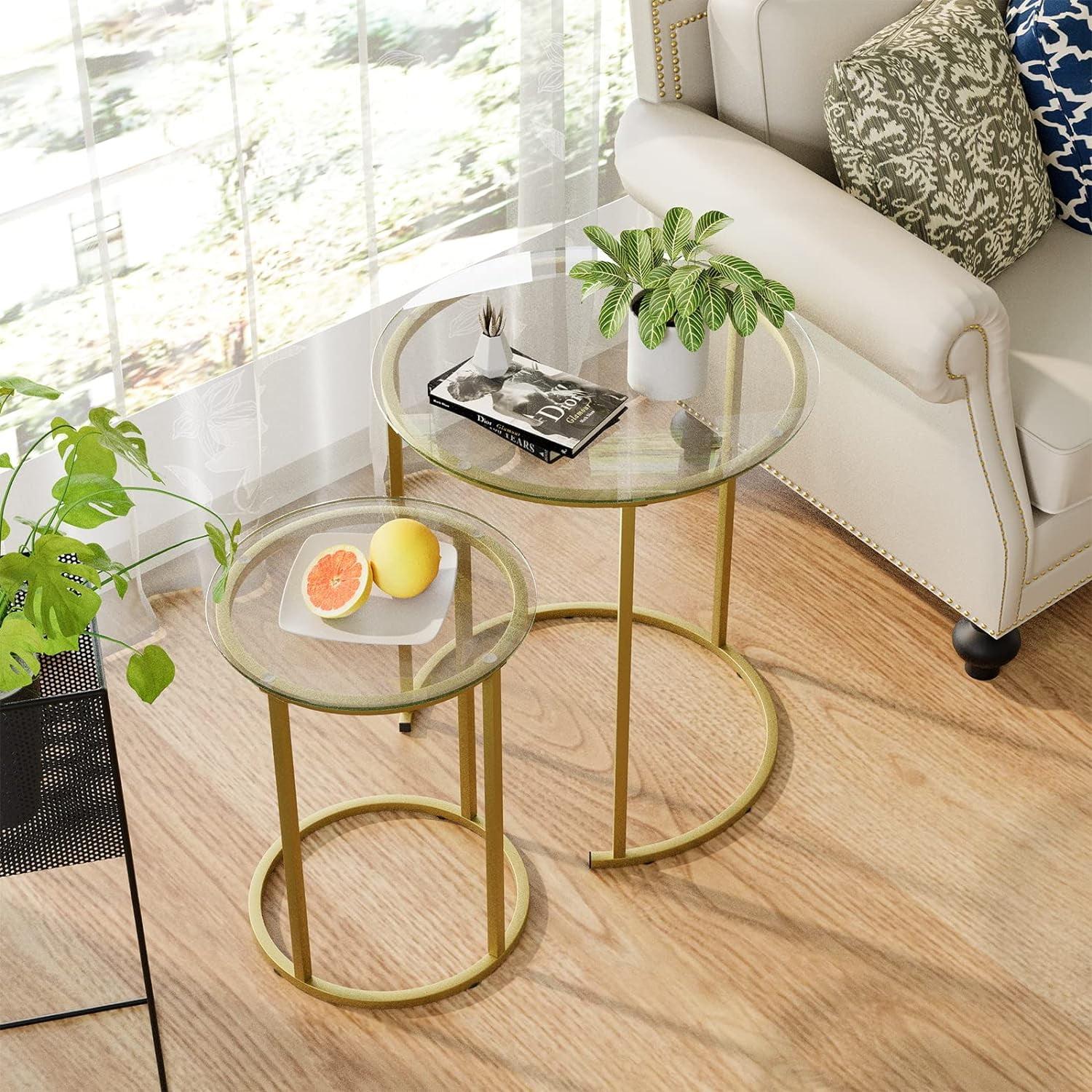 Gold Glass Round Nesting Coffee Table Set with Metal Frame