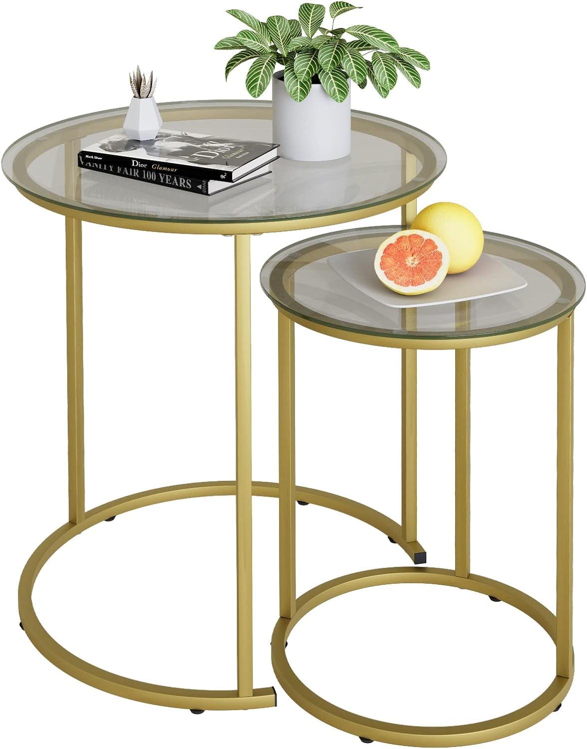 Gold Glass Round Nesting Coffee Table Set with Metal Frame