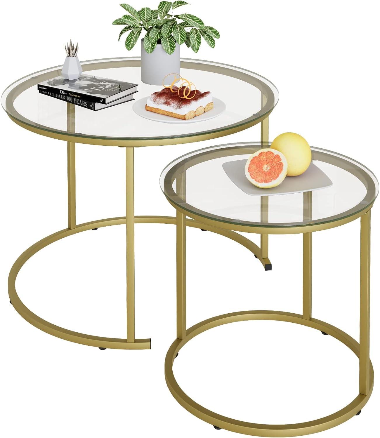 Gold Glass Round Nesting Coffee Table Set with Metal Frame