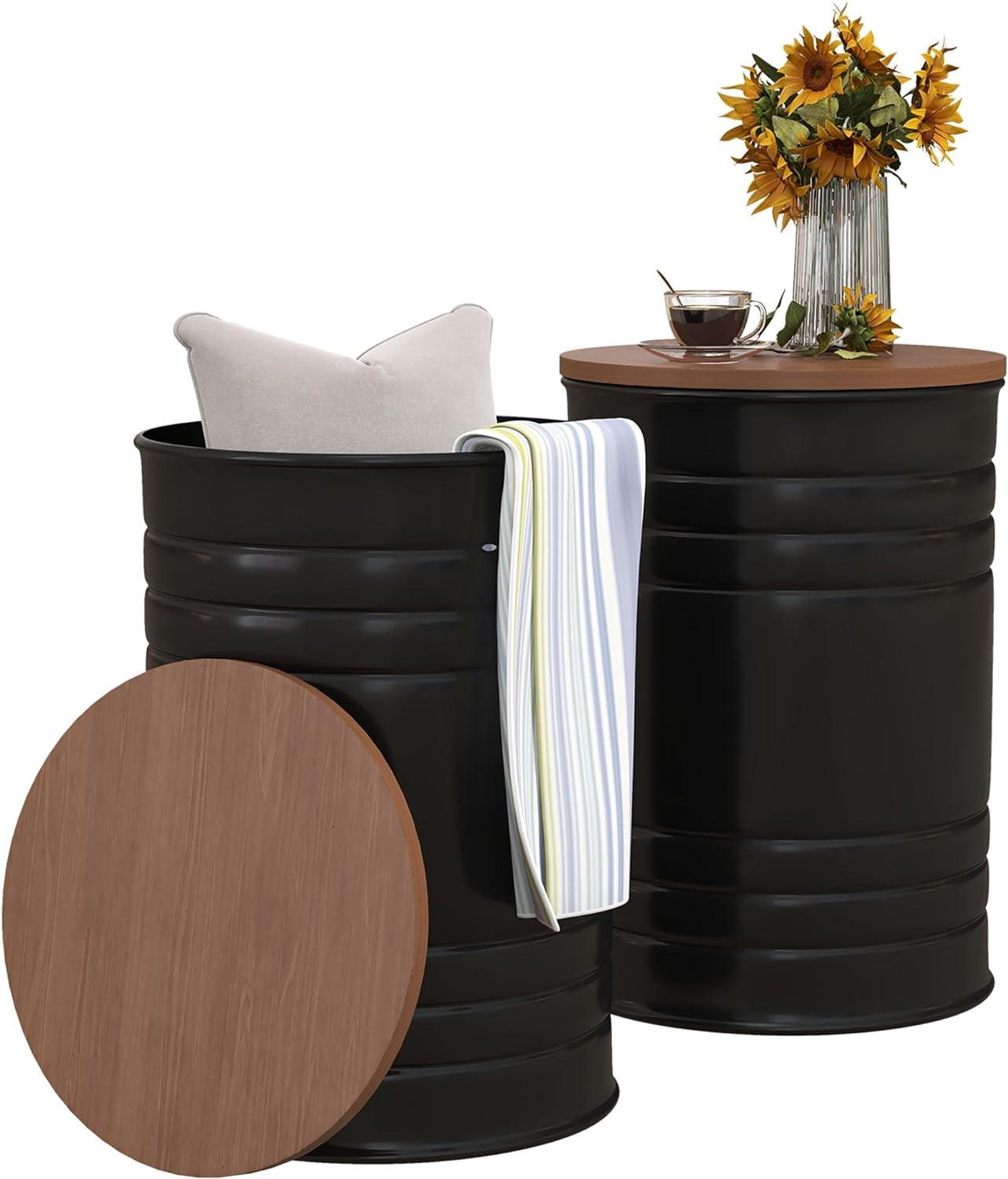 Black Iron Round Storage Ottoman Set with Walnut Wood Lid