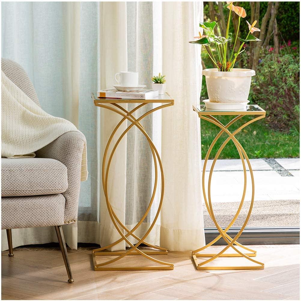 Gold Metal and Glass Square Nesting Tables, Set of 2