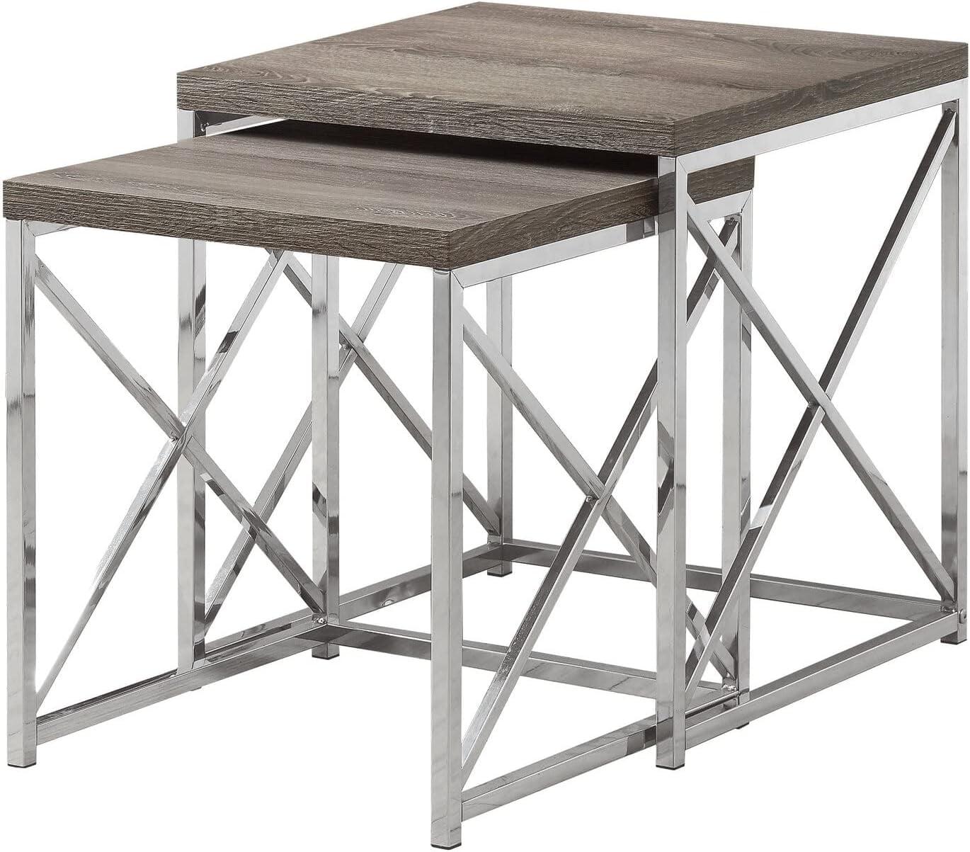 Dark Taupe and Chrome Square Wood Metal Nesting Tables, Set of 2