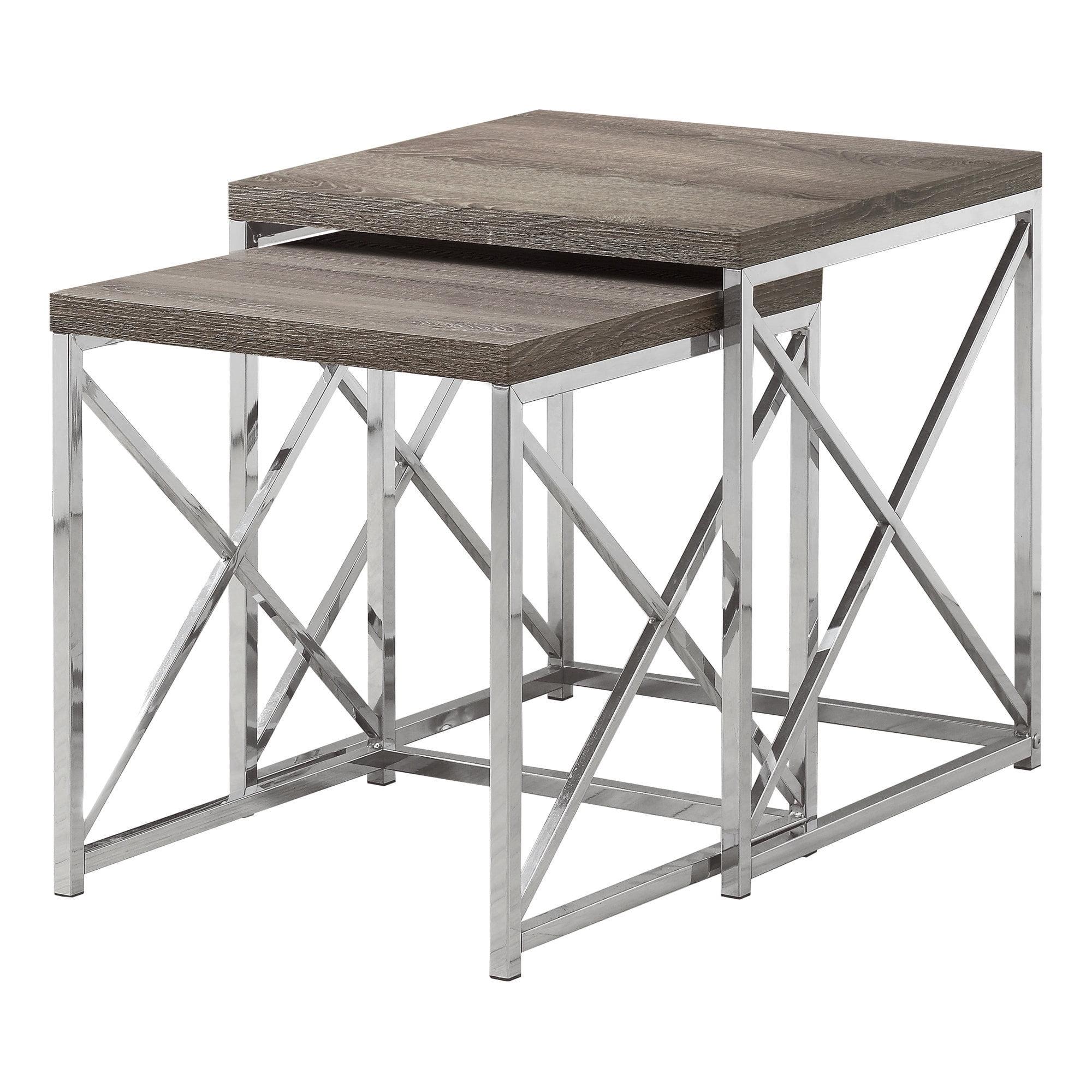 Dark Taupe and Chrome Square Wood Metal Nesting Tables, Set of 2