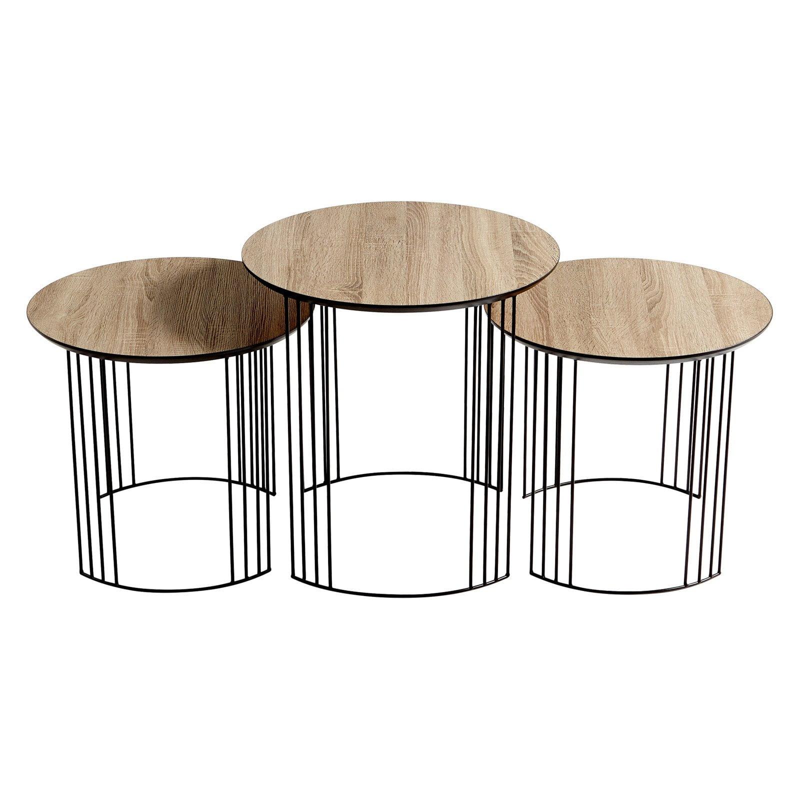 Contemporary Black and Brown Round Oak Veneer Nesting Tables