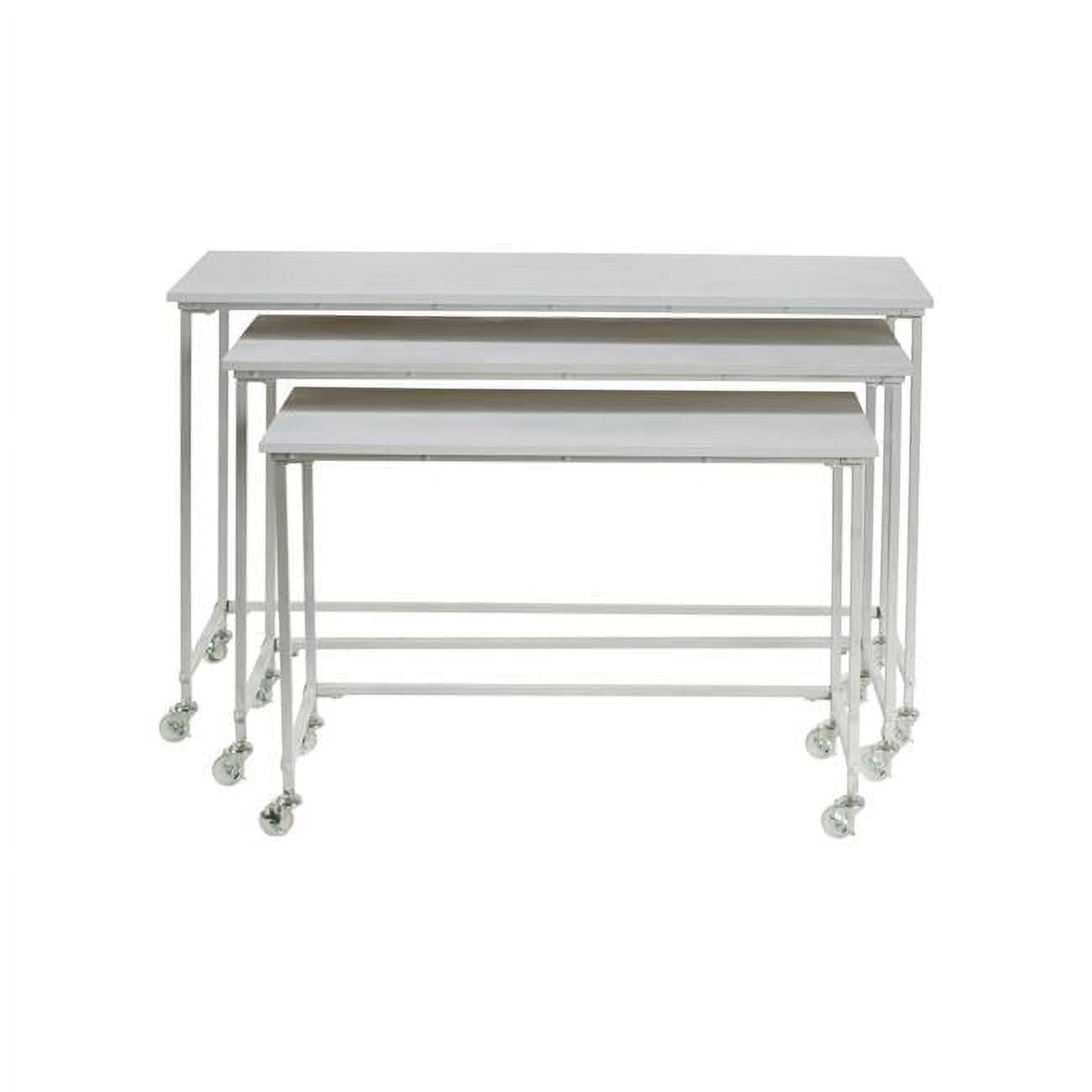 White Wood and Metal Rectangular Nesting Tables with Casters, Set of 3