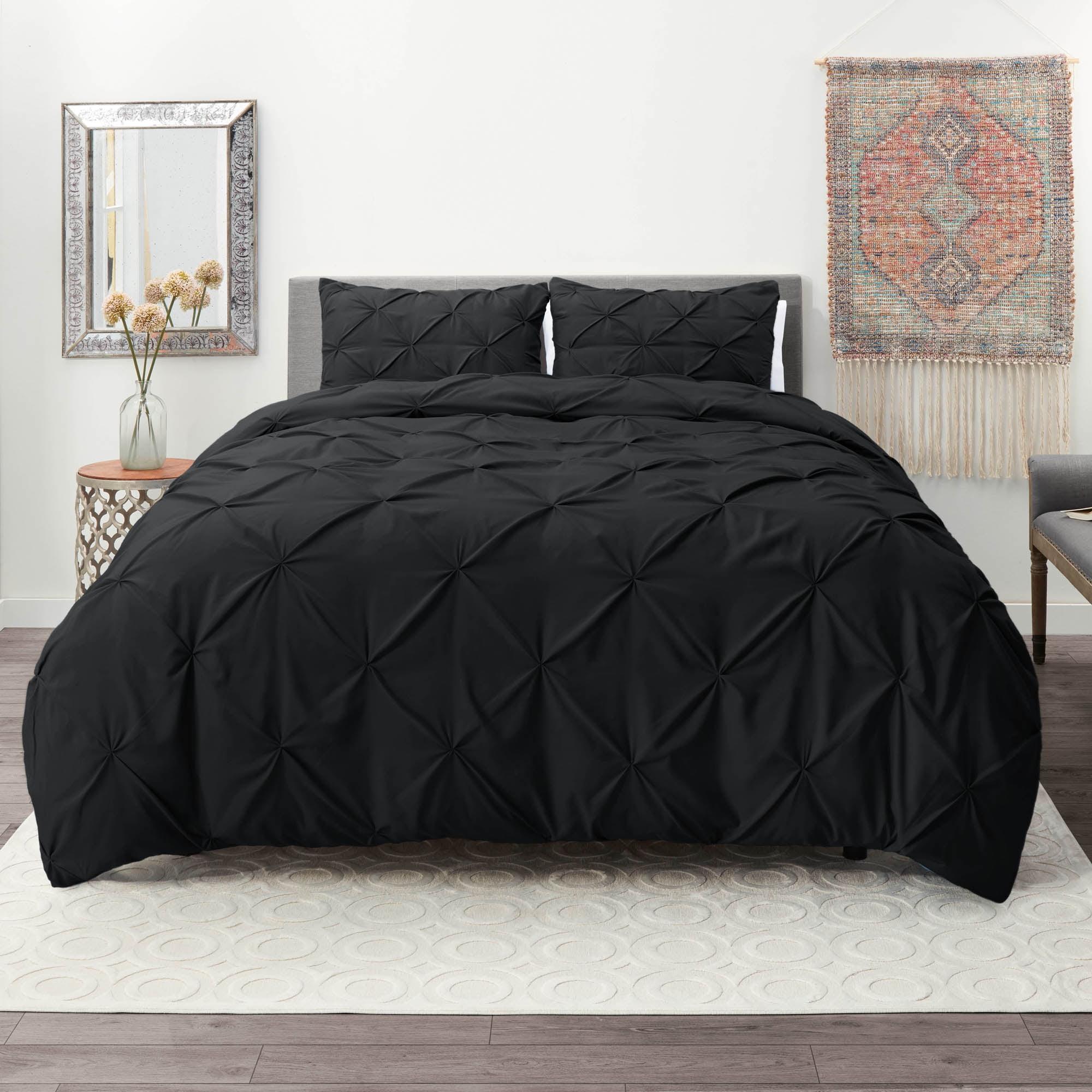 Full Black Microfiber Pintuck Duvet Cover Set with Shams