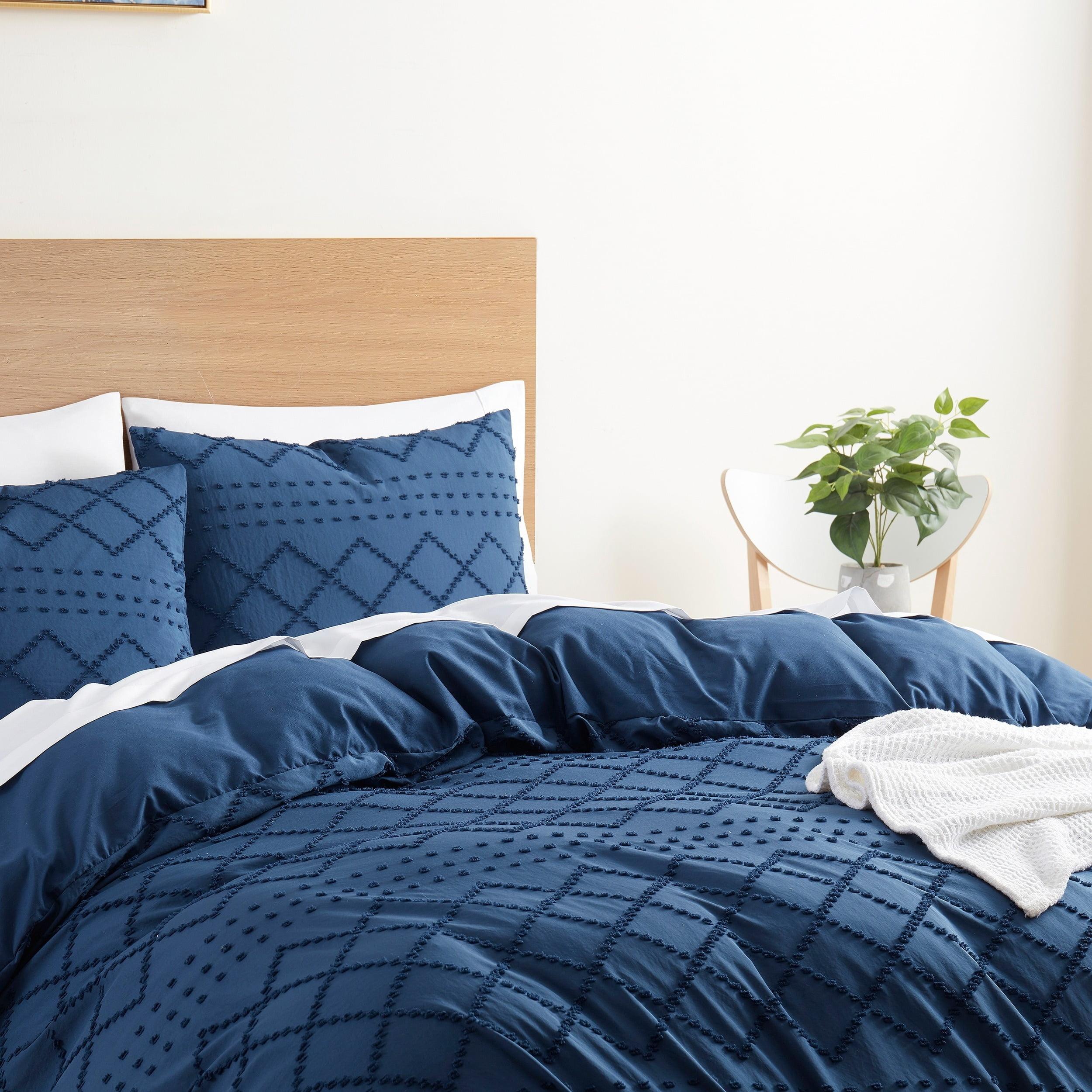 Twin Navy Pintuck Boho Microfiber Duvet Cover Set