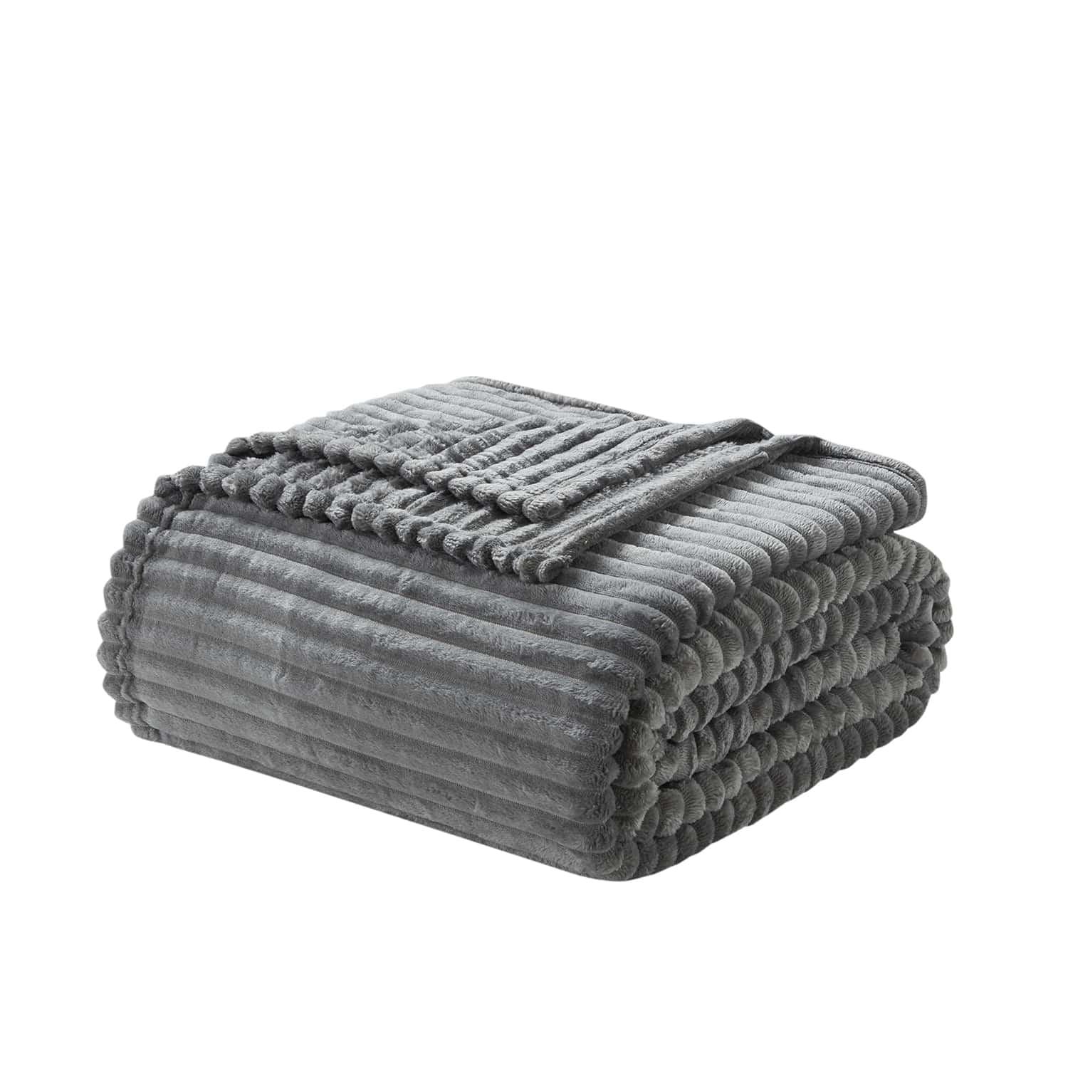 Gray Queen Size Plush Fleece Blanket with Ribbed Texture