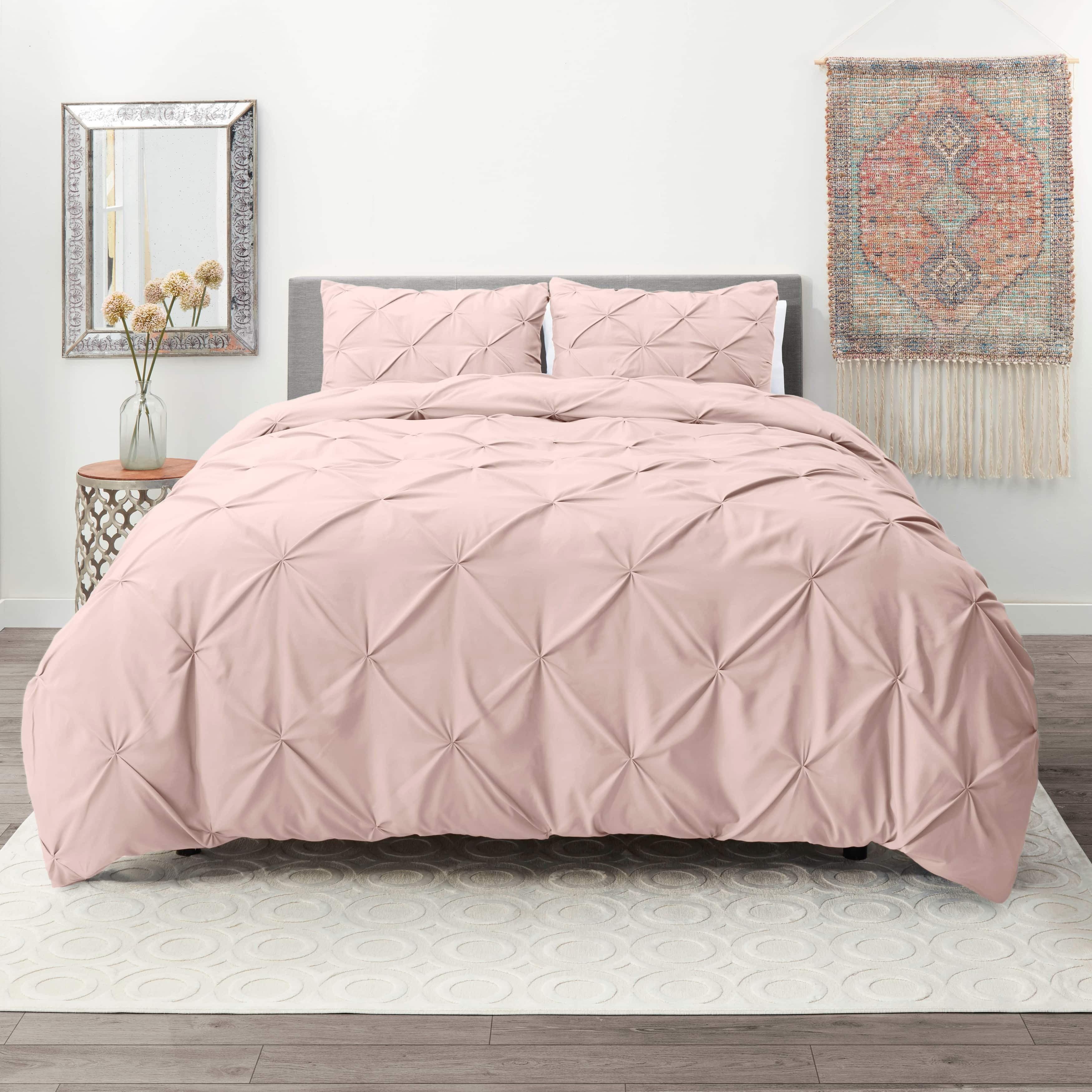 Nestl 3 Piece Pinch Pleated Duvet Cover Set, Full Size Pintuck Duvet Cover with Button Closure, Blush