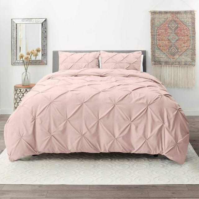 Nestl 3 Piece Pinch Pleated Duvet Cover Set, Full Size Pintuck Duvet Cover with Button Closure, Blush