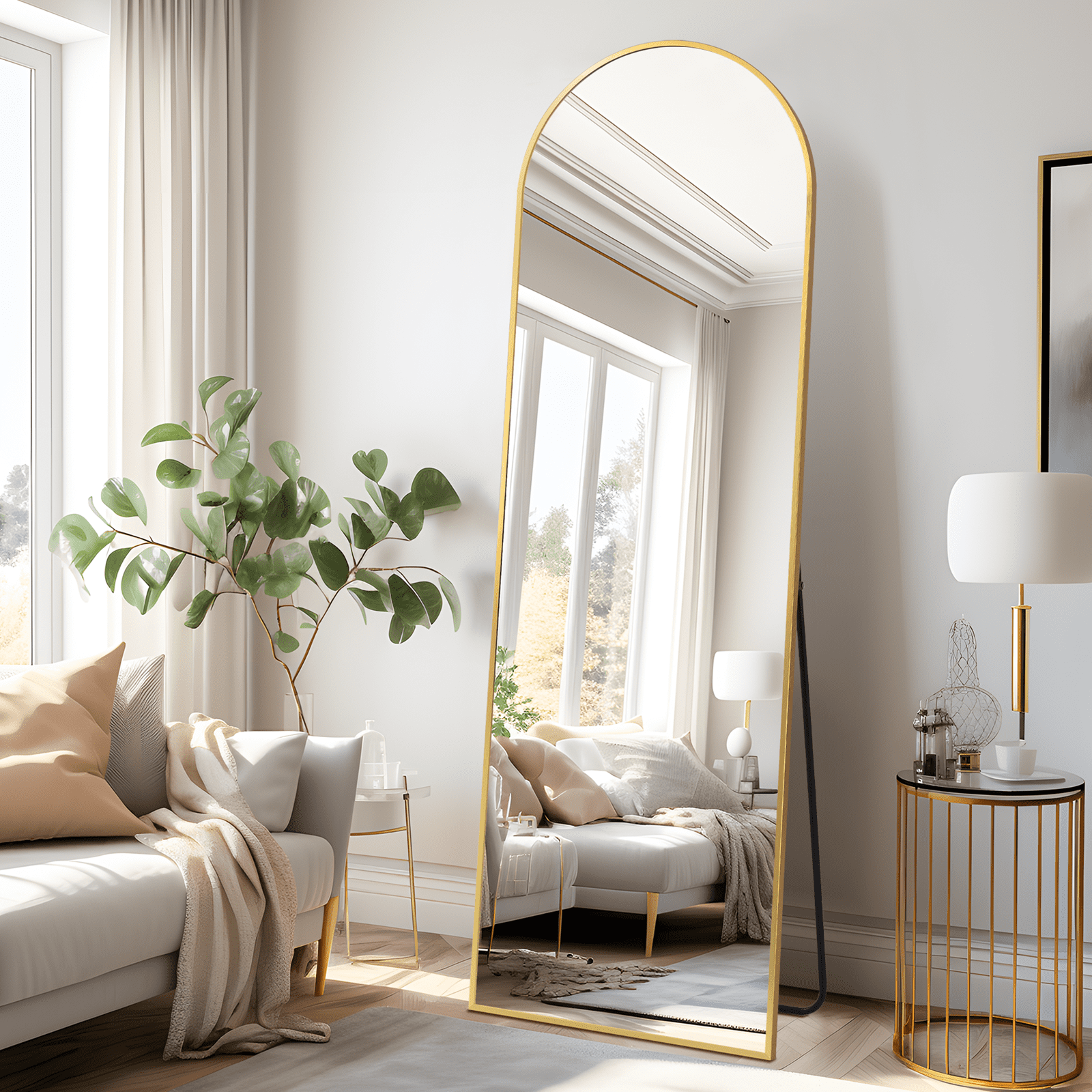 GLSLAND Full Length Mirror Arch Standing Floor Mirror, 64"x21" Arched Wall Mirror, Gold