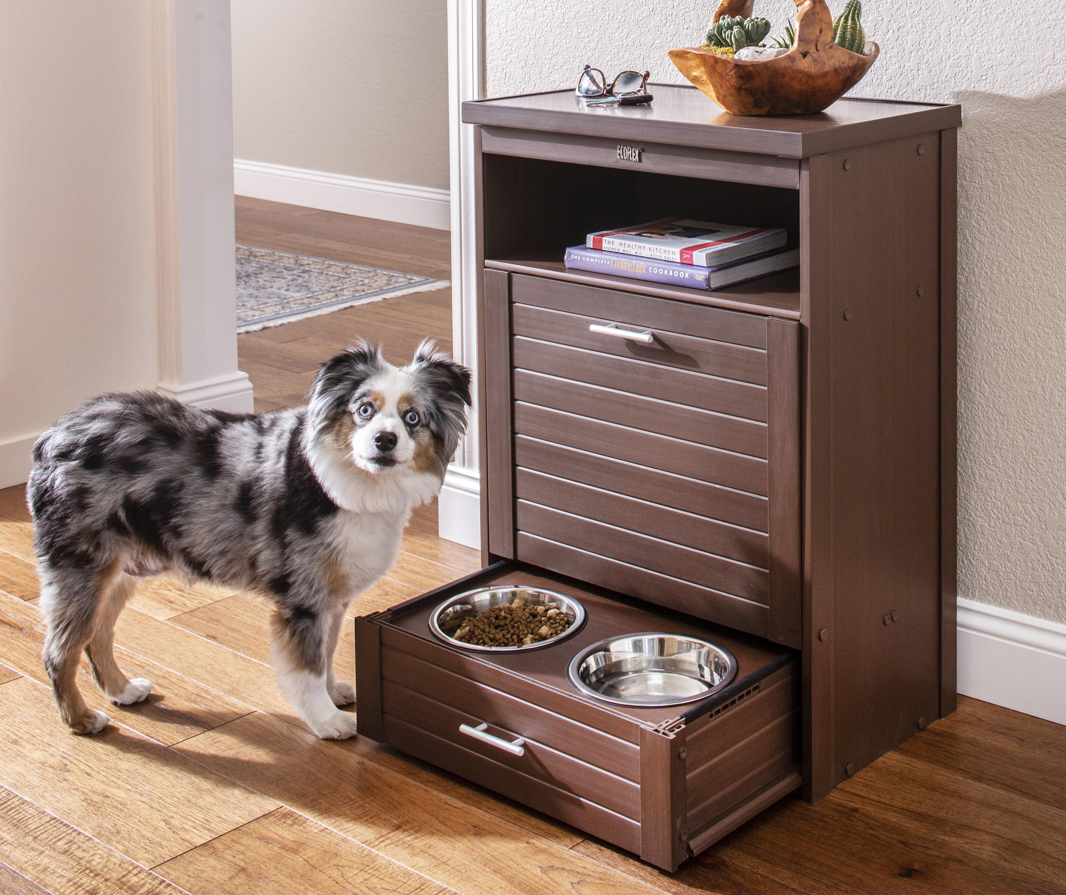 New Age Pet® ECOFLEX® Dog Food Pantry with Double Stainless Steel Bowls - Durable Composite, Includes 2x 32oz Bowls, Storage for 25 lbs of Dog Food, Easy Assembly, Moisture Resistant