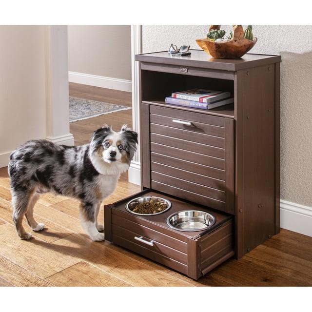 New Age Pet® ECOFLEX® Dog Food Pantry with Double Stainless Steel Bowls - Durable Composite, Includes 2x 32oz Bowls, Storage for 25 lbs of Dog Food, Easy Assembly, Moisture Resistant