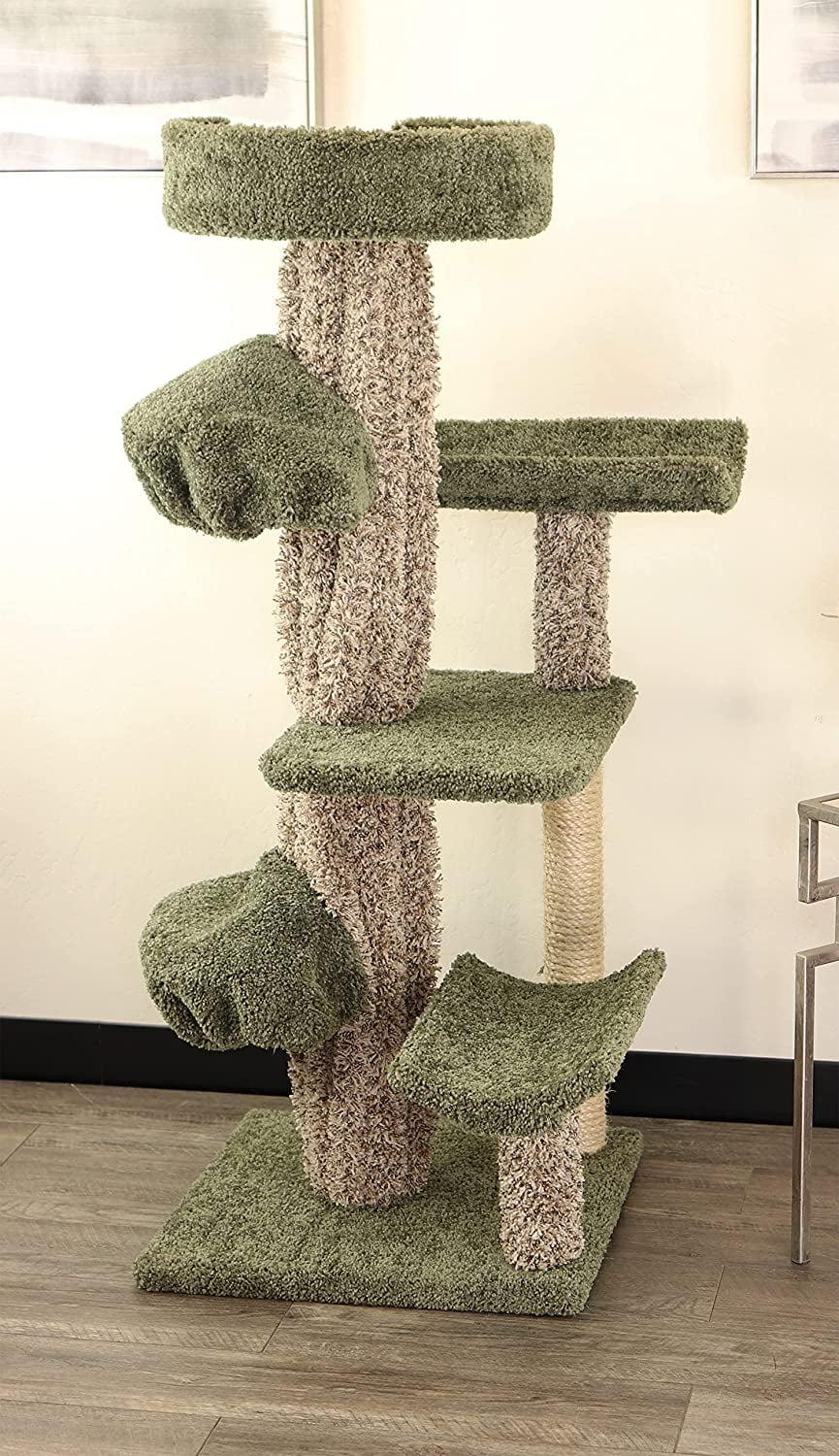 Green and Beige Solid Wood Cat Tree with Sisal Rope