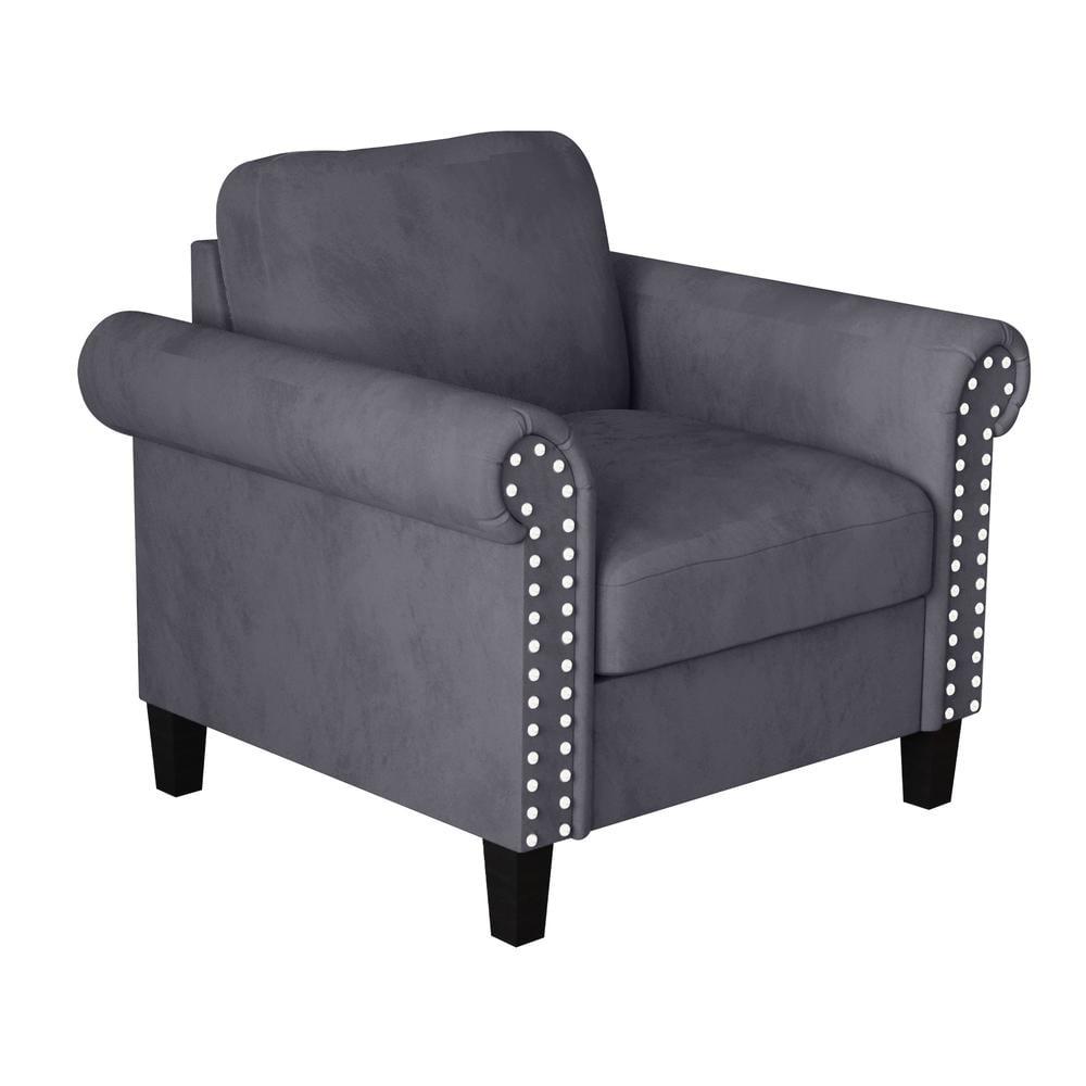 Gray Velvet Transitional Accent Chair with Wood Frame