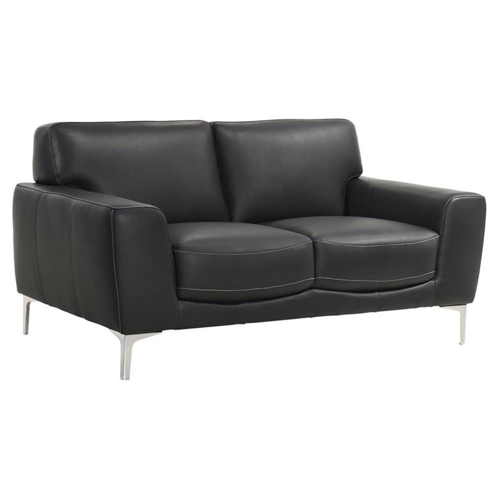 Transitional Carrara Black Leather Loveseat with Metal Legs