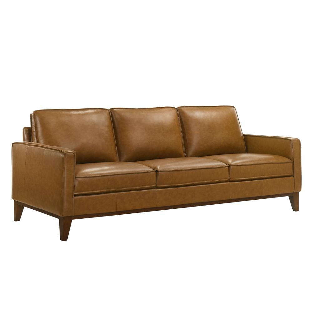 Caspar Caramel Brown Leather Stationary Sofa with Wood Legs