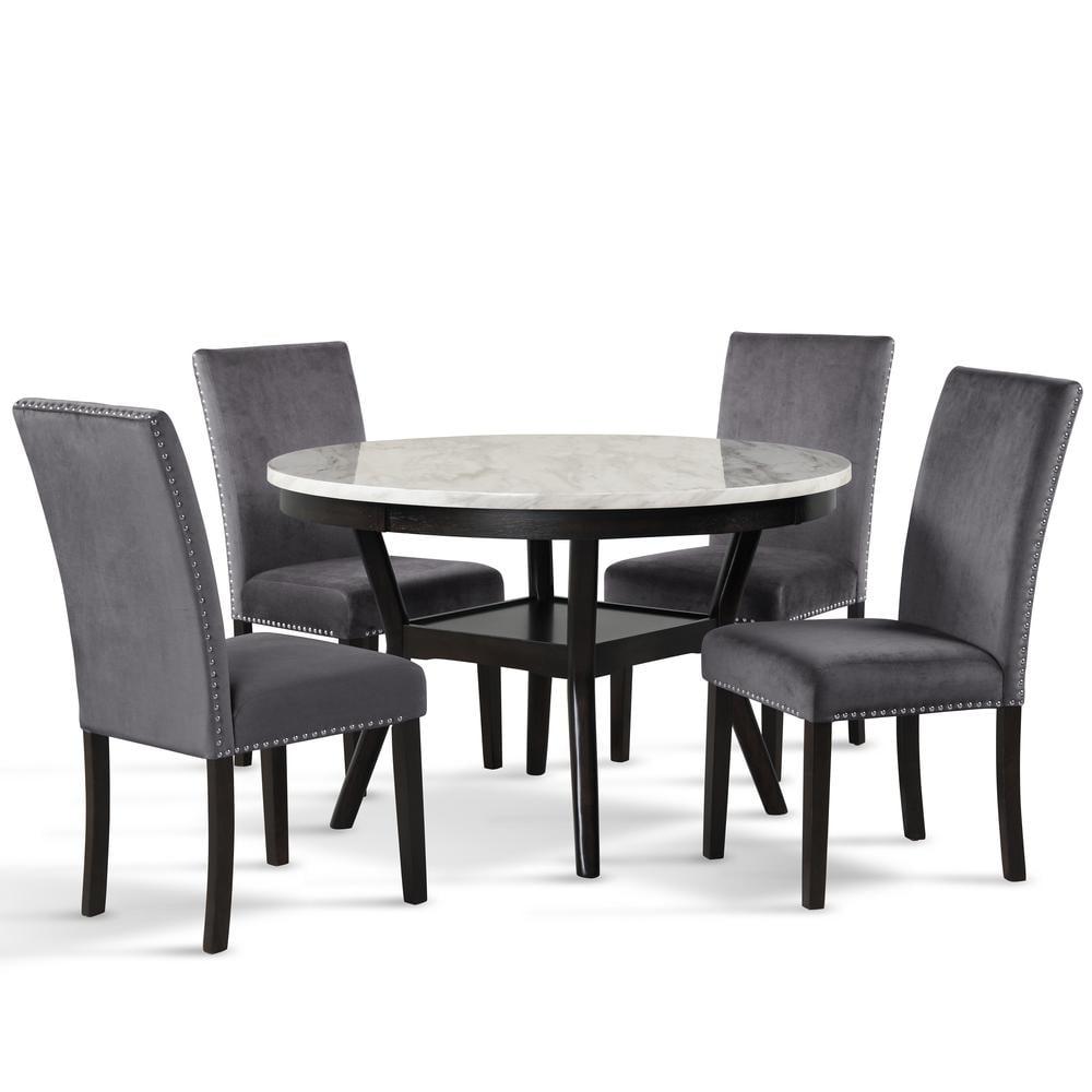 Celeste 5-Piece Gray Faux Marble and Velvet Dining Set