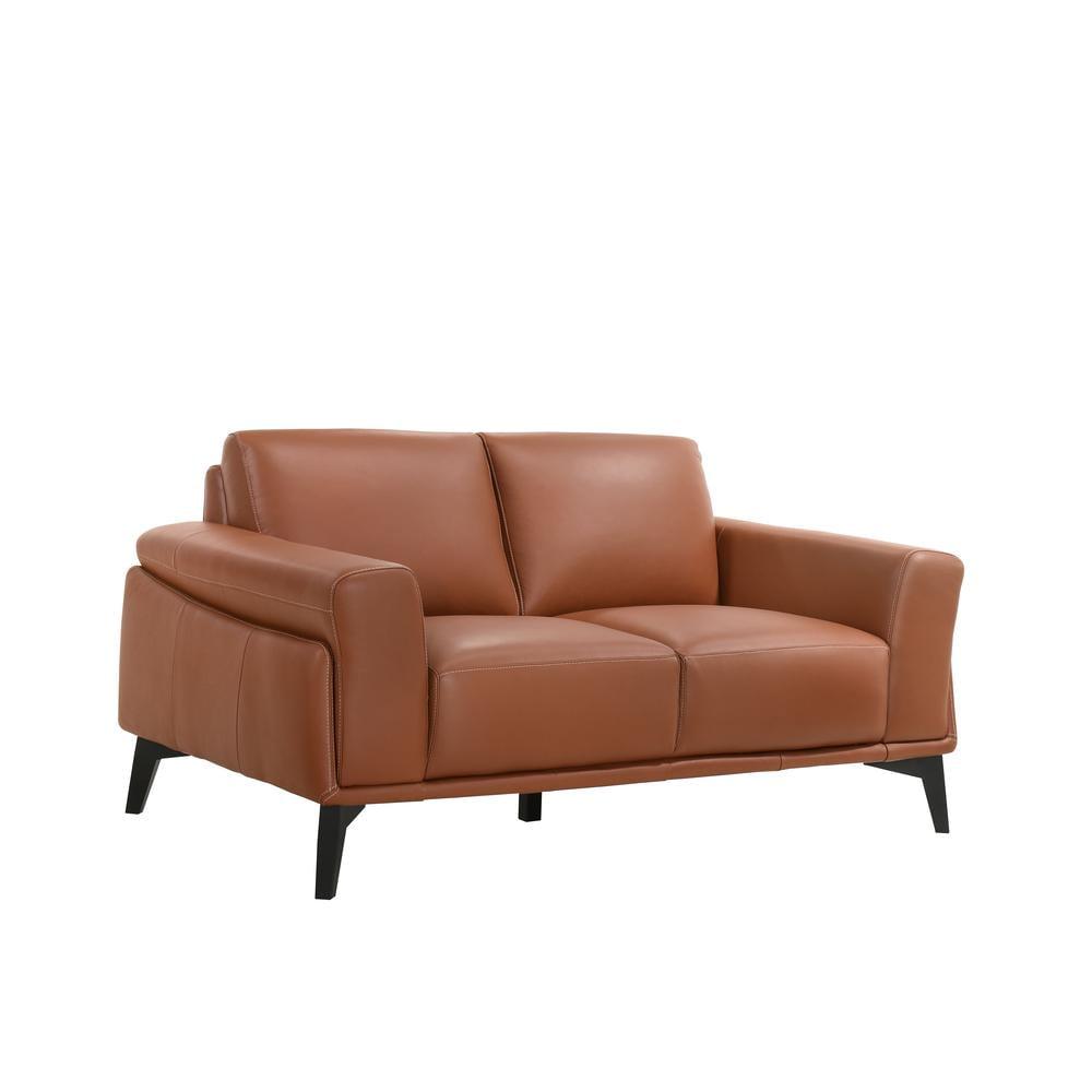 Terracotta Leather Loveseat with Flared Arms and Metal Base