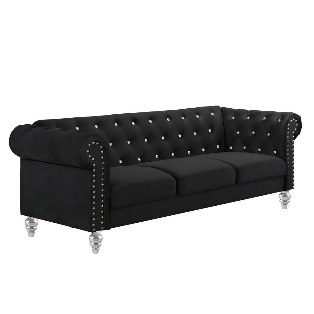 Emma Crystal 81'' Black Velvet Chesterfield Sofa with Nailhead Trim