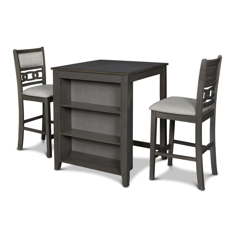 Gray Solid Wood Counter Table with Storage and 2 Chairs