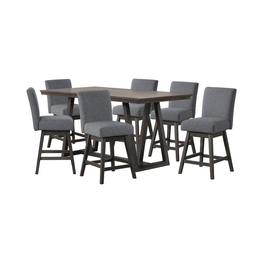 Gray Wood Counter Table with 6 Upholstered Swivel Chairs