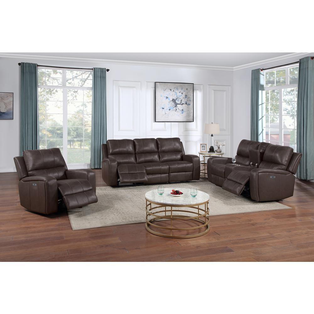 Linton Brown Leather Power Reclining Sofa with Track Arms