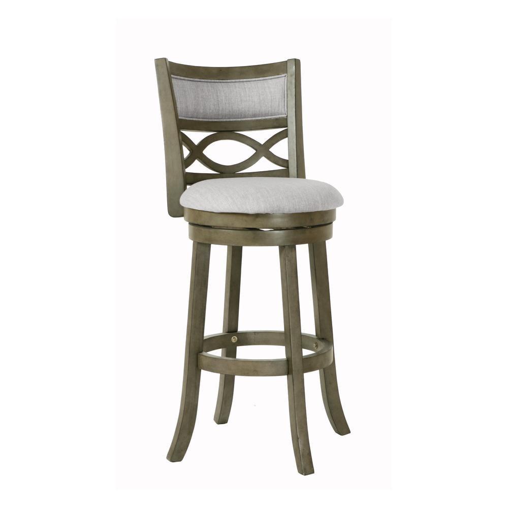 Transitional Gray Swivel Bar Stool in Solid Wood with Carved Back