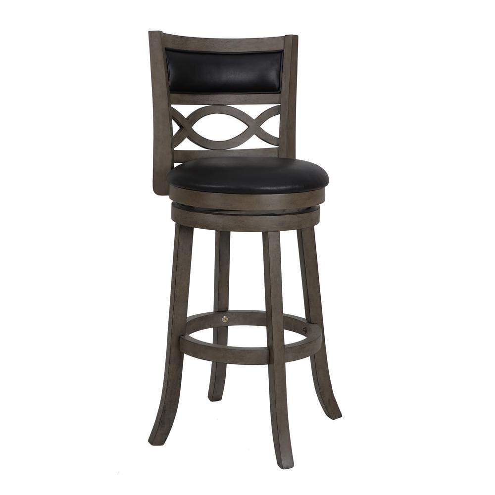 Transitional Black Wood Swivel Bar Stool with Faux Leather Seat