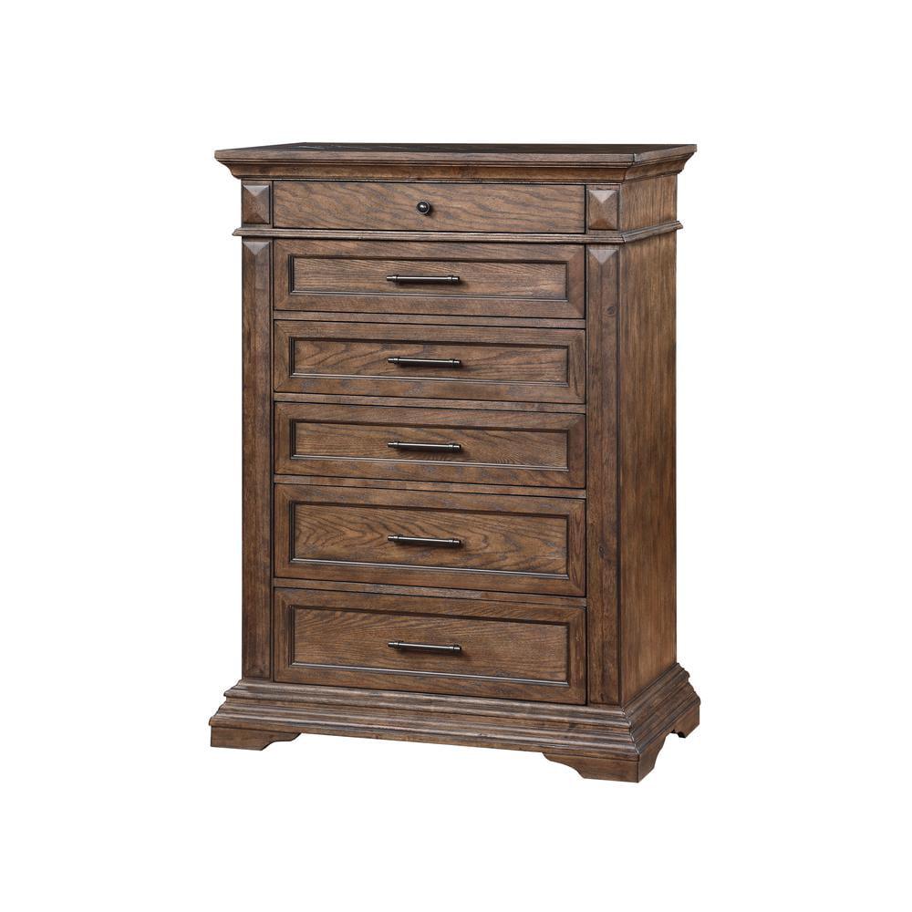 Brushed Walnut 6-Drawer Vertical Chest with Mirror