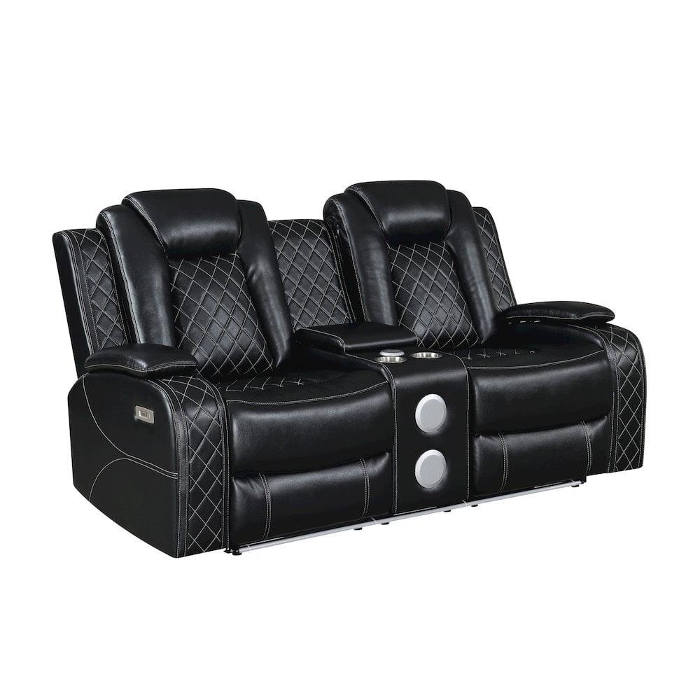 New Classic Furniture Orion II Faux Leather Power Console Loveseat in Black