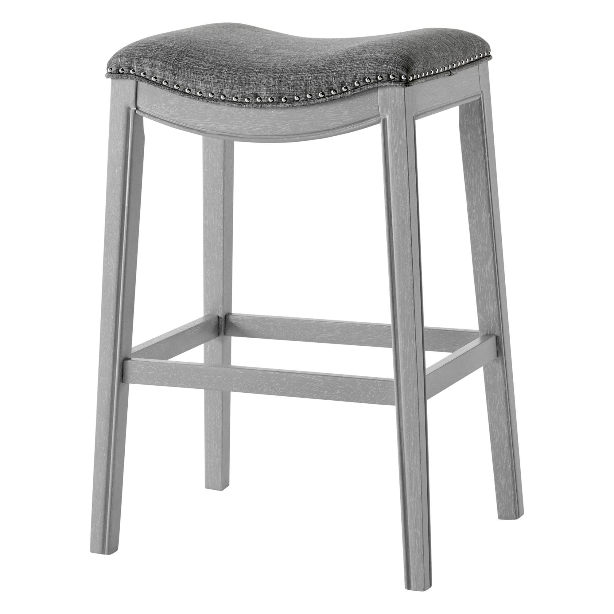 Ash Gray Wood and Metal Saddle Bar Stool with Leather-Like Seat