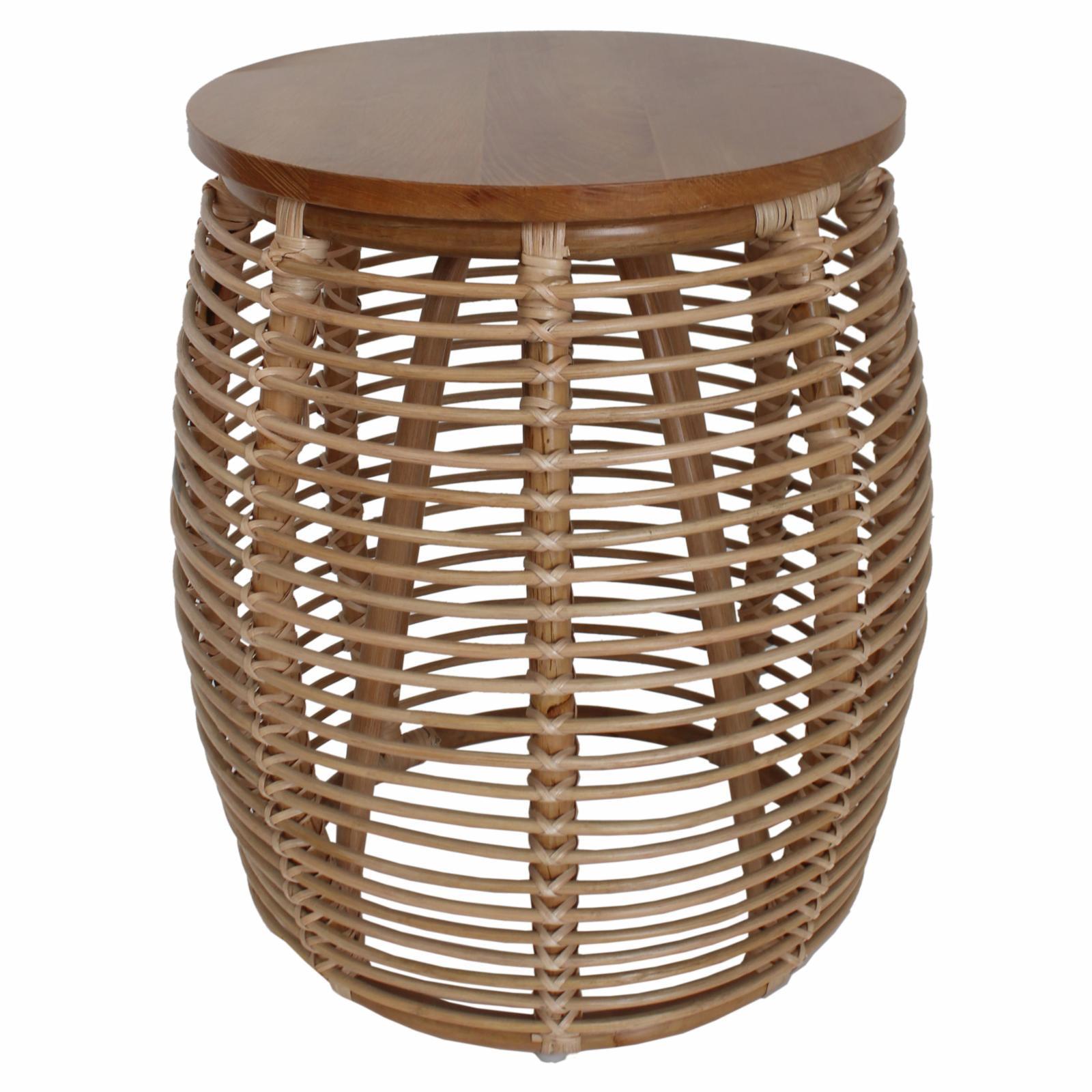 Honey Brown Round Rattan and Pine Wood End Table