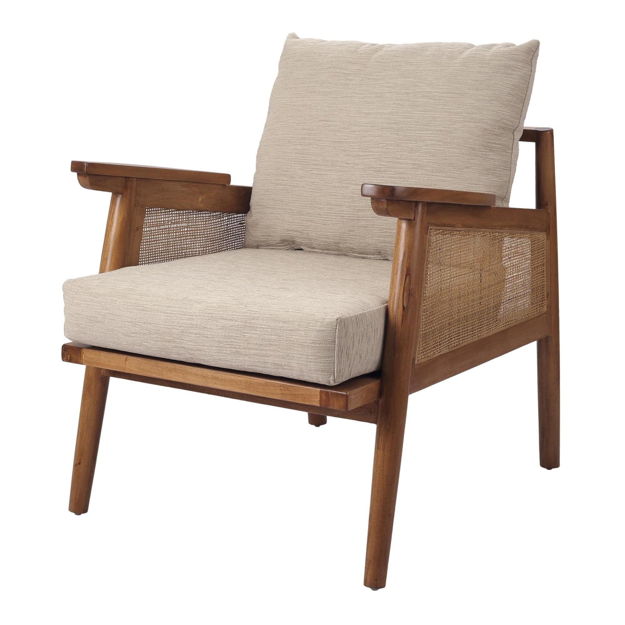 Mid Brown Mahogany and Rattan Accent Chair with Cushions