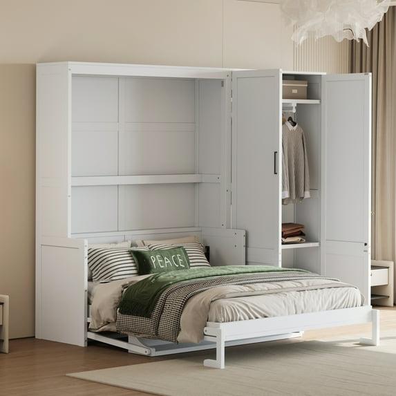 Murphy Bed with Closet and Wardrobe, Versatile Wall Bed, Foldable Murphy Cabinet, Queen Size, White