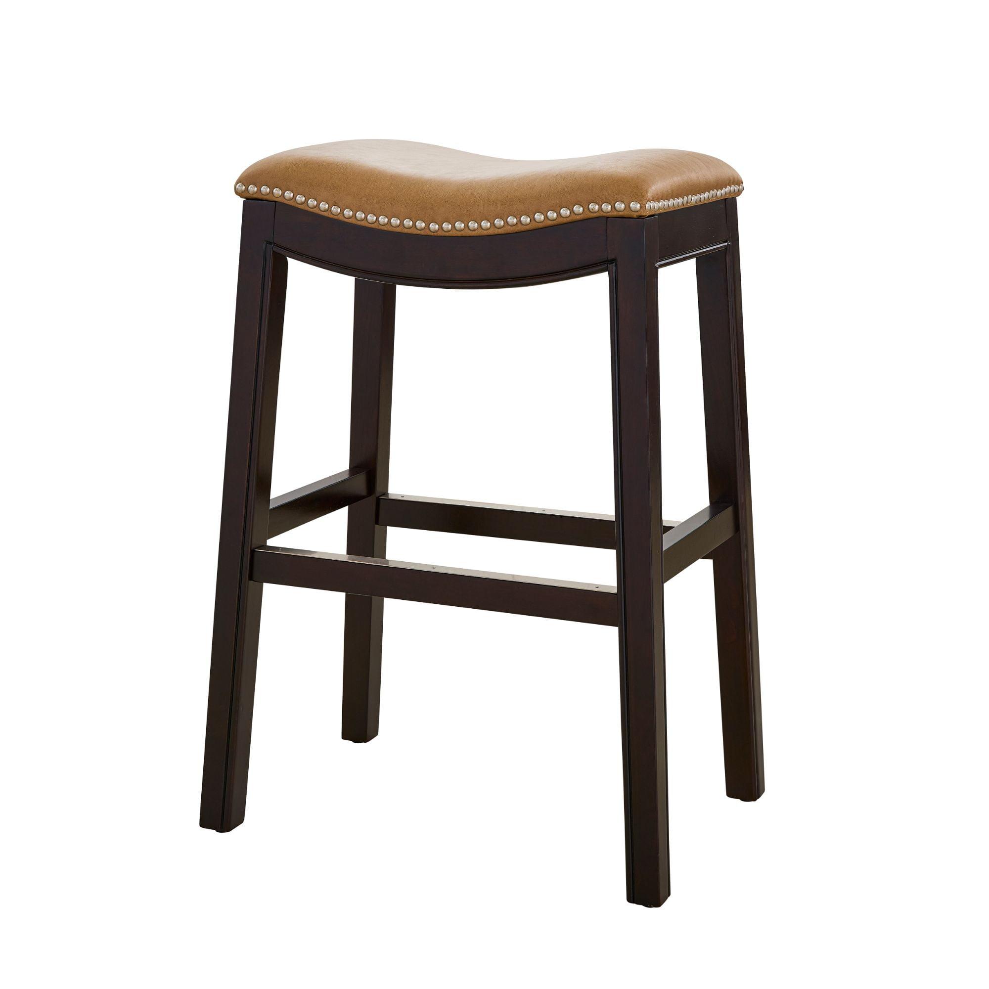 New Ridge Home Goods  25 in. Julian Counter-Height Wood Barstool with Tan Faux-Leather Seat - Espresso