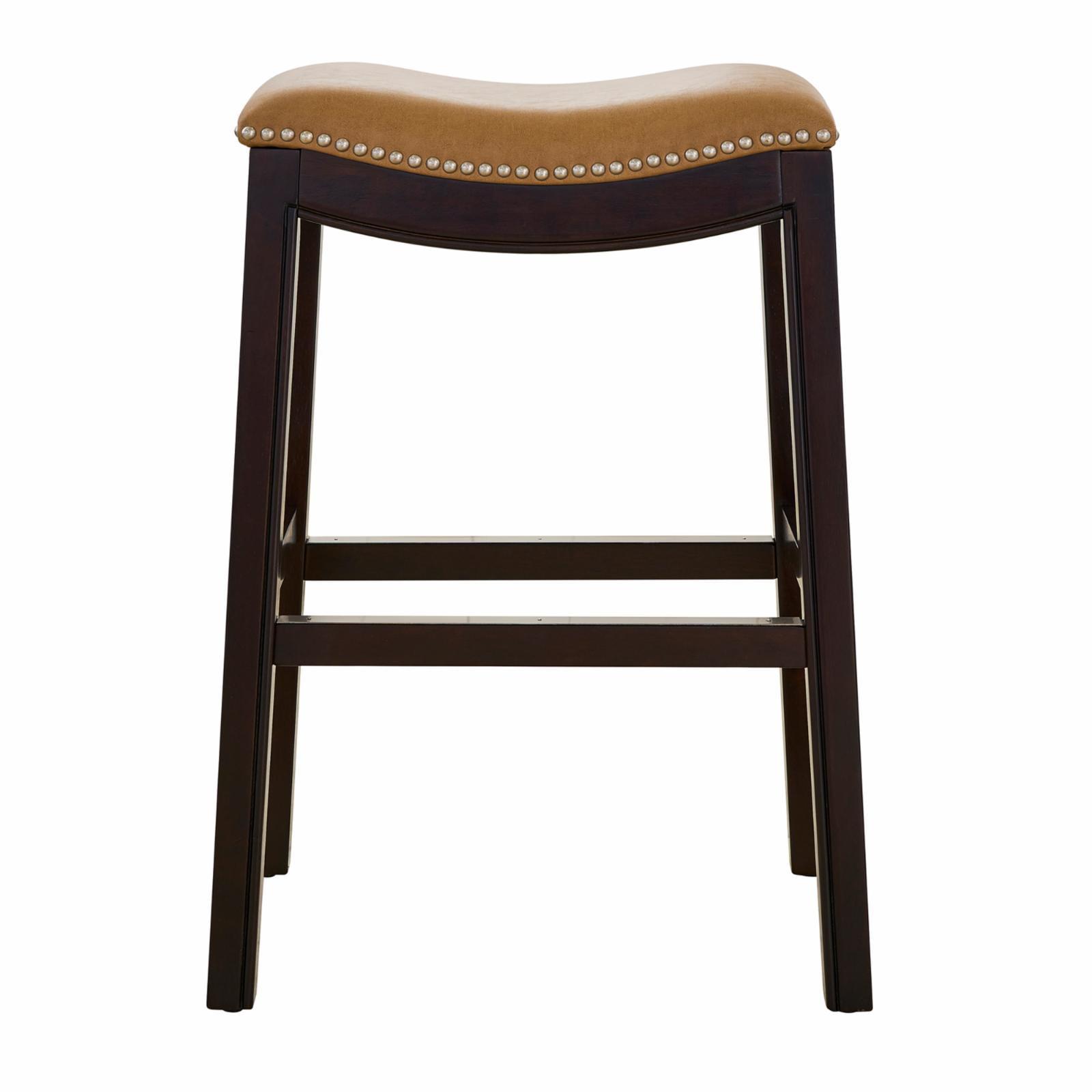 Tan Faux Leather Saddle Seat Counter Stool with Nailhead Trim