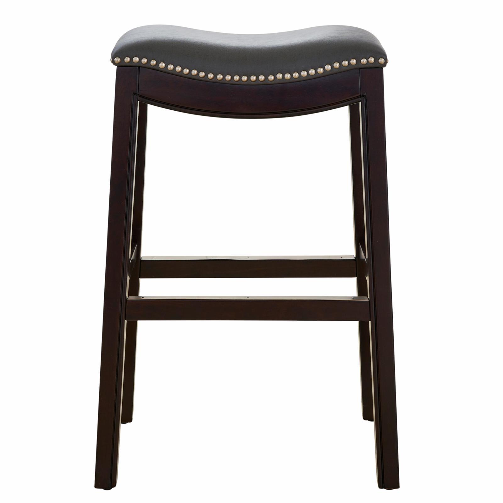 Espresso Wood & Gray Leather 31" Backless Saddle Barstool