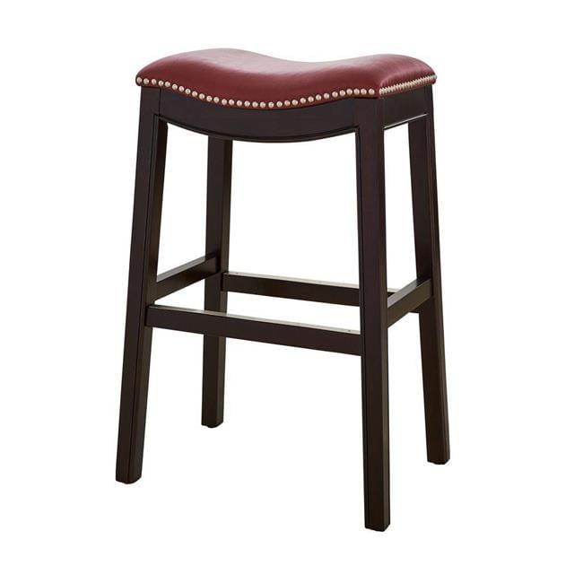 Espresso Wood and Red Faux Leather Saddle Barstool