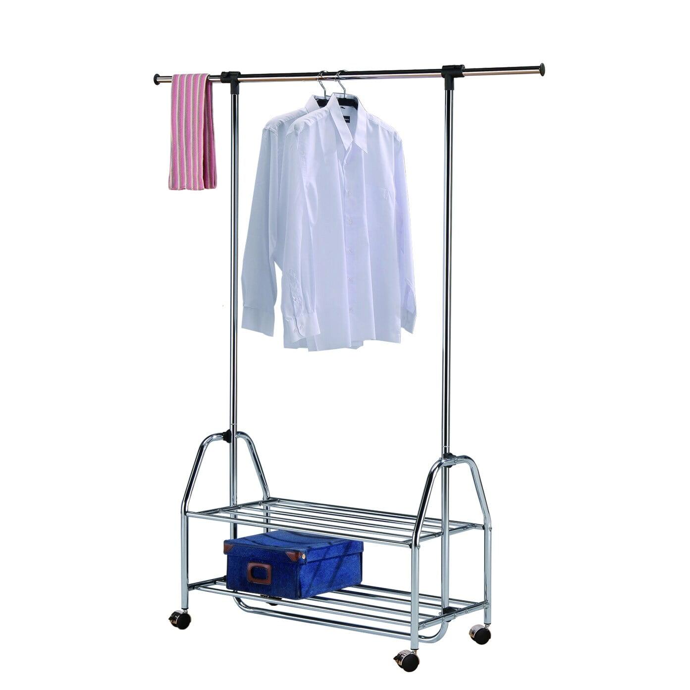 Adjustable Silver Metal Rolling Garment Rack with Shelves