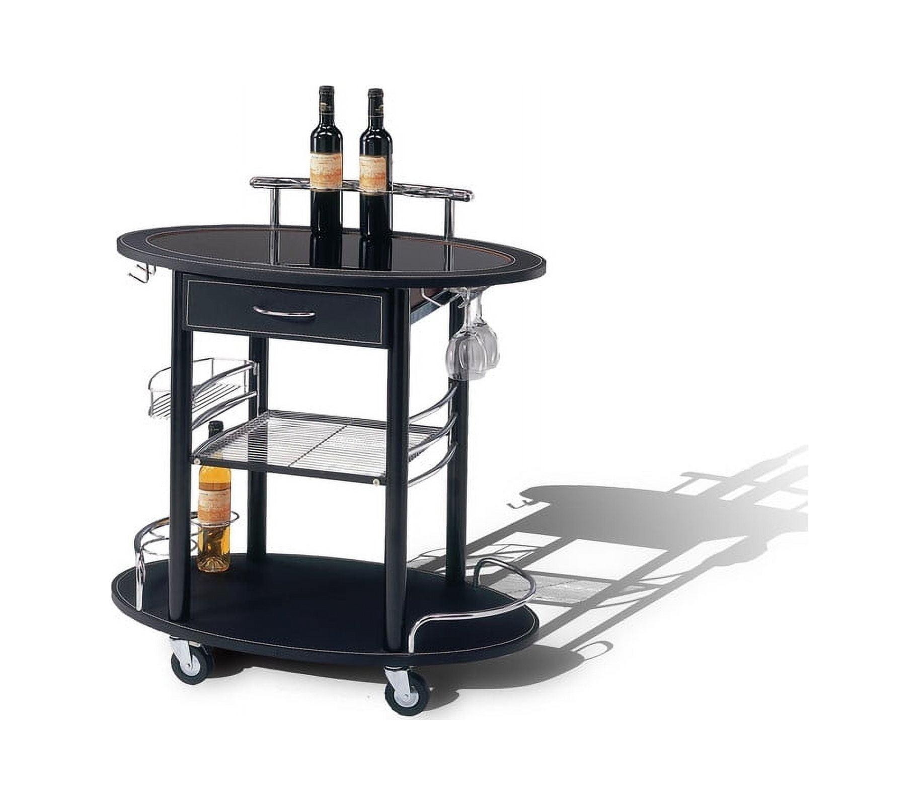 Chic Oval Black Glass Top Bar Cart with Wine Rack and Storage