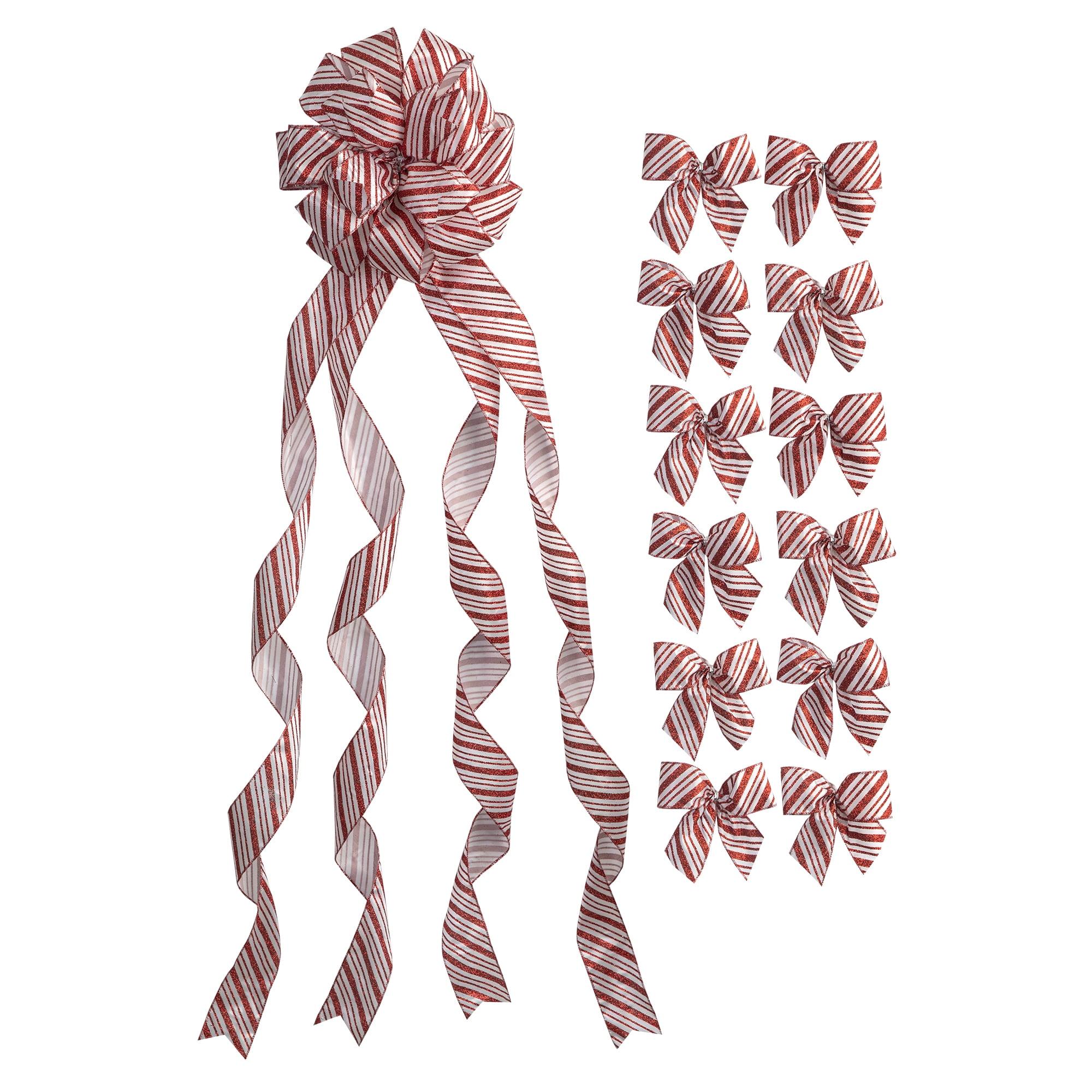 Large Red and White Candy Cane Stripe Christmas Bow Set