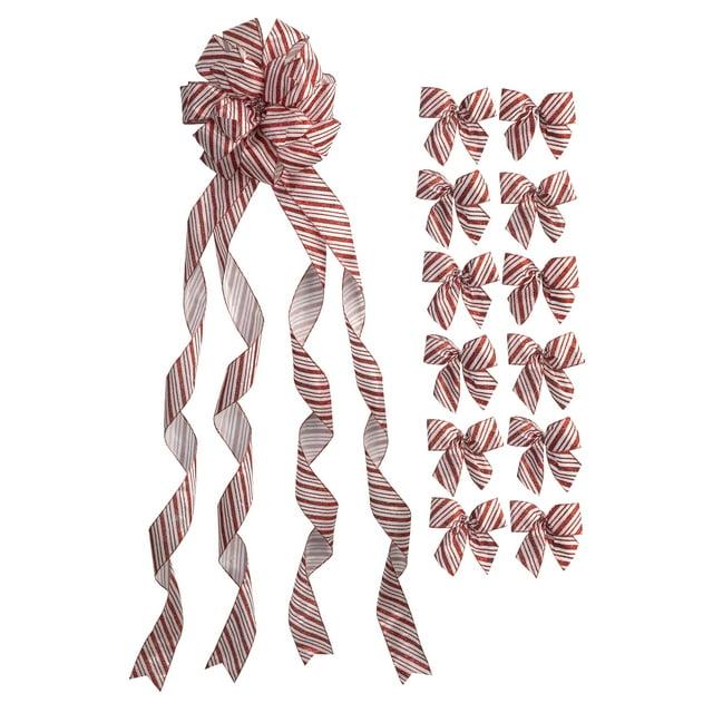 New Traditions Large Glitter Candy Cane Stripe Ribbon Christmas Tree Topper Bow and 12 Mini Bows, 13 Pieces