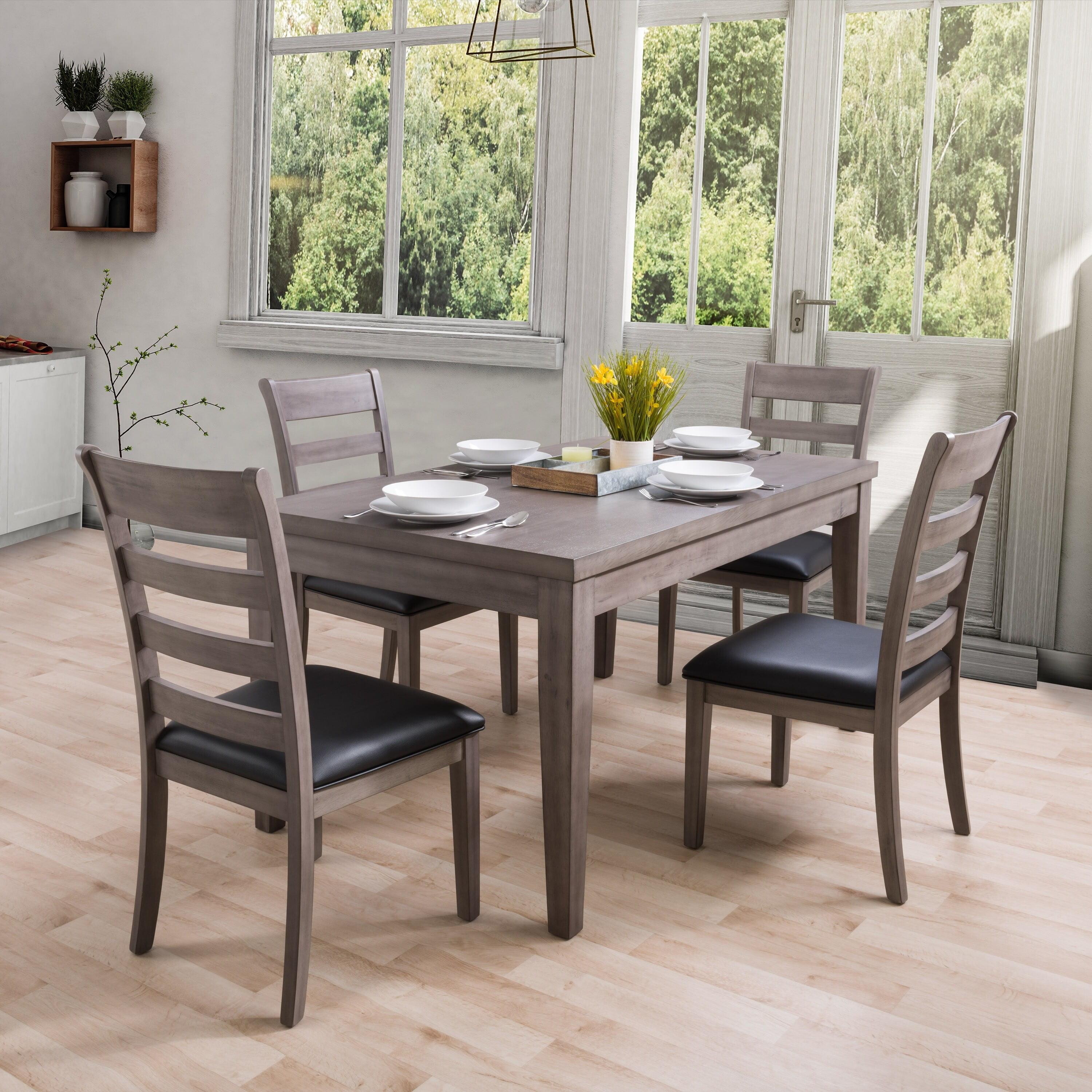 Washed Gray Wood 5-Piece Dining Set with Black Cushioned Chairs