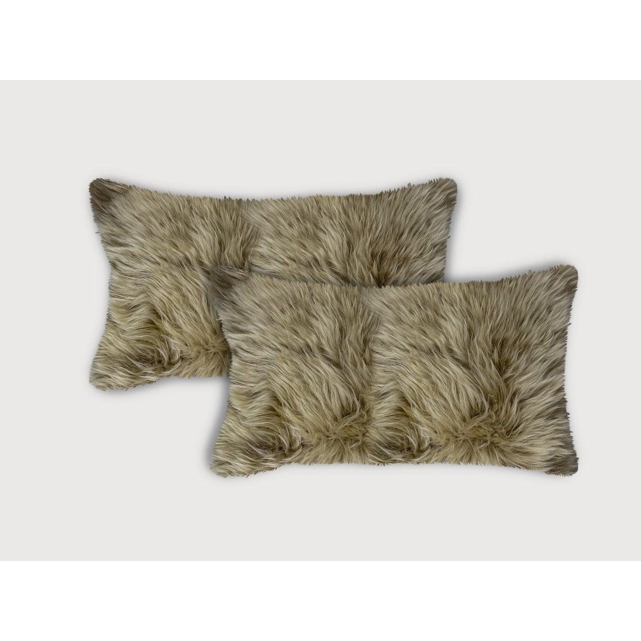 (Set of Two) 12" X 20" Taupe Sheepskin Lumbar Throw Pillows