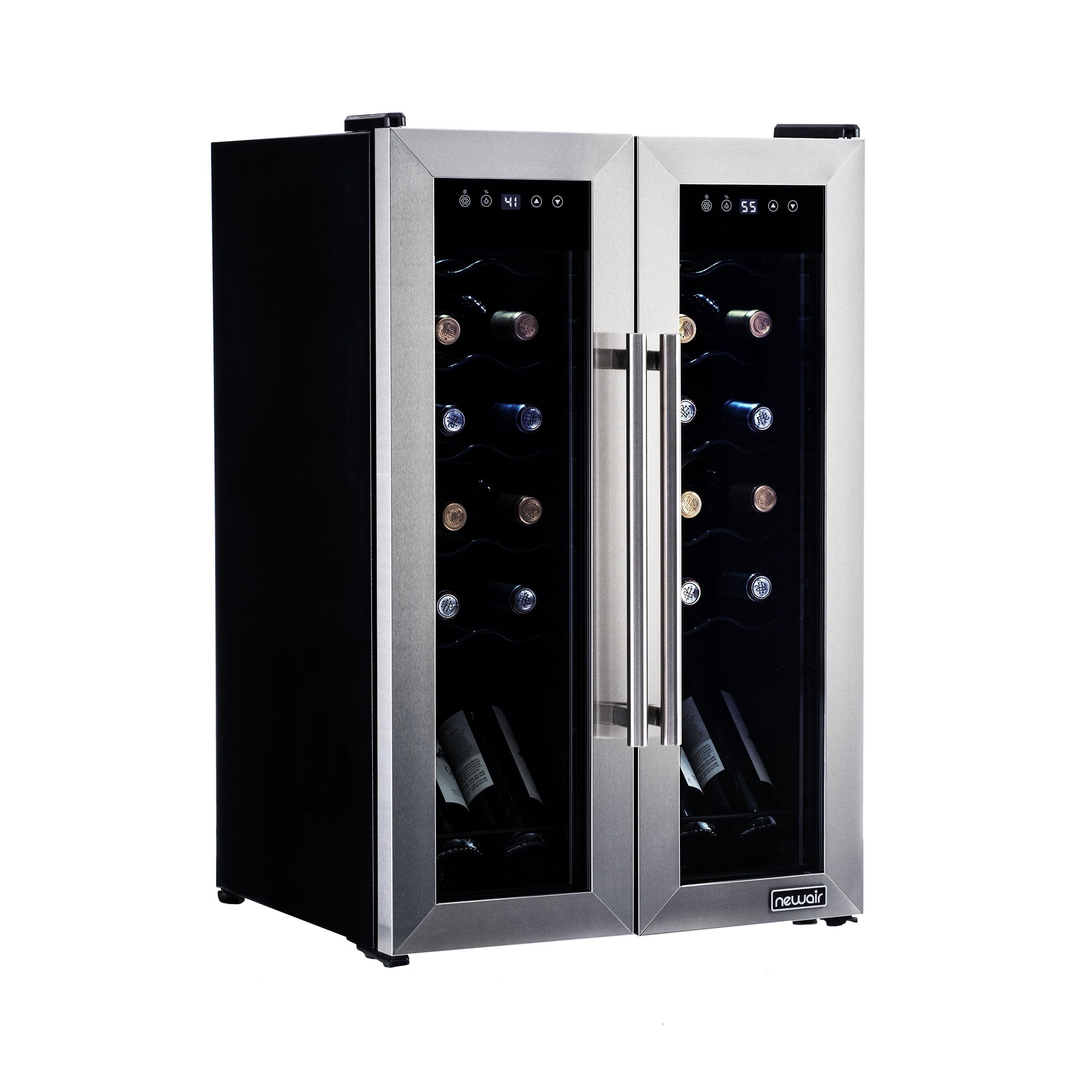 Newair 24 Bottle Wine Cooler Refrigerator, French Door Dual Temperature Zones, Freestanding Wine Fridge with Stainless Steel & Double-Layer Tempered G