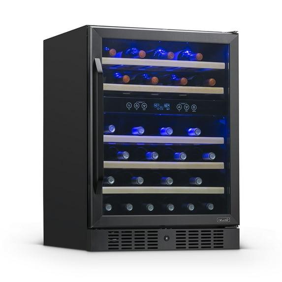 Newair 24” Built-in 46 Bottle Dual Zone Wine Cooler with Removable Beechwood Shelves in Black Stainless Steel